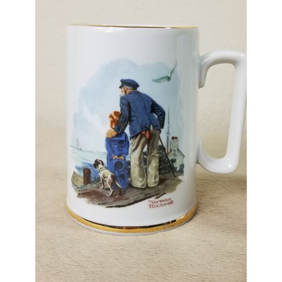 Norman Rockwell Coffee Mug Tea Cup 4 1/2" Gold Trim 1985 Drinkware 11oz x2 - Picture 2 of 12